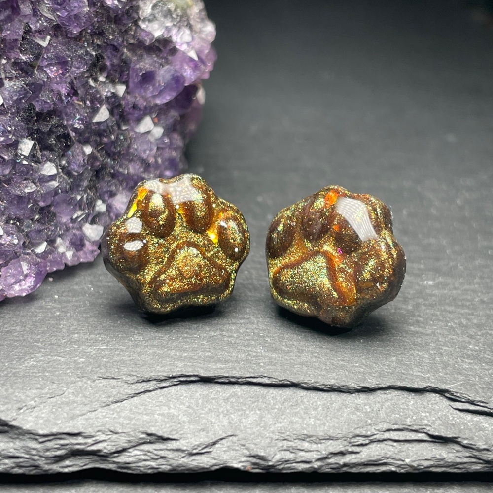 2/$18 Custom Made Golden Army Green Paw Stud Post Earrings